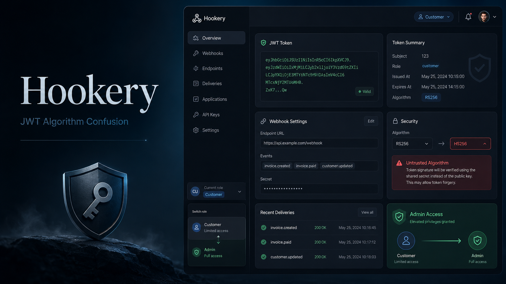 Hookery JWT algorithm confusion leading to platform administrator access